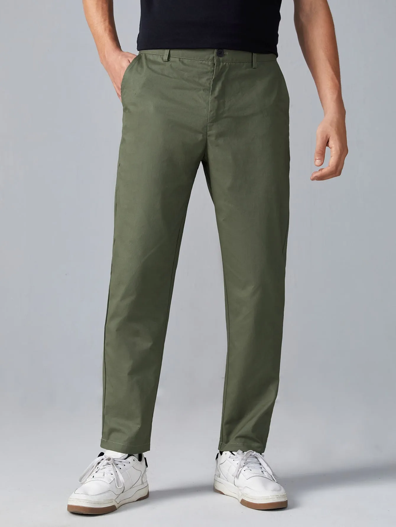 Army Green Zipper Fly Solid Suit Trousers
