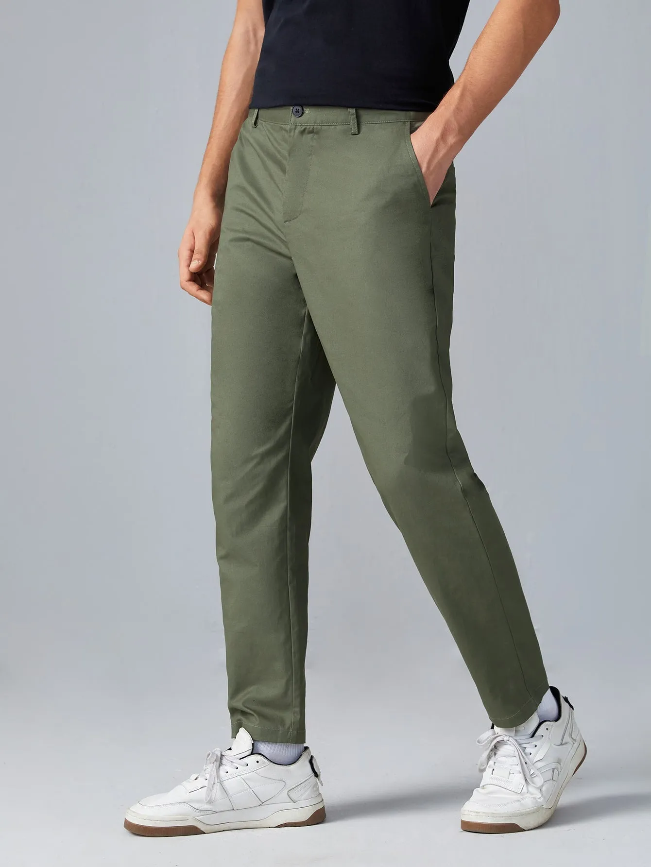 Army Green Zipper Fly Solid Suit Trousers