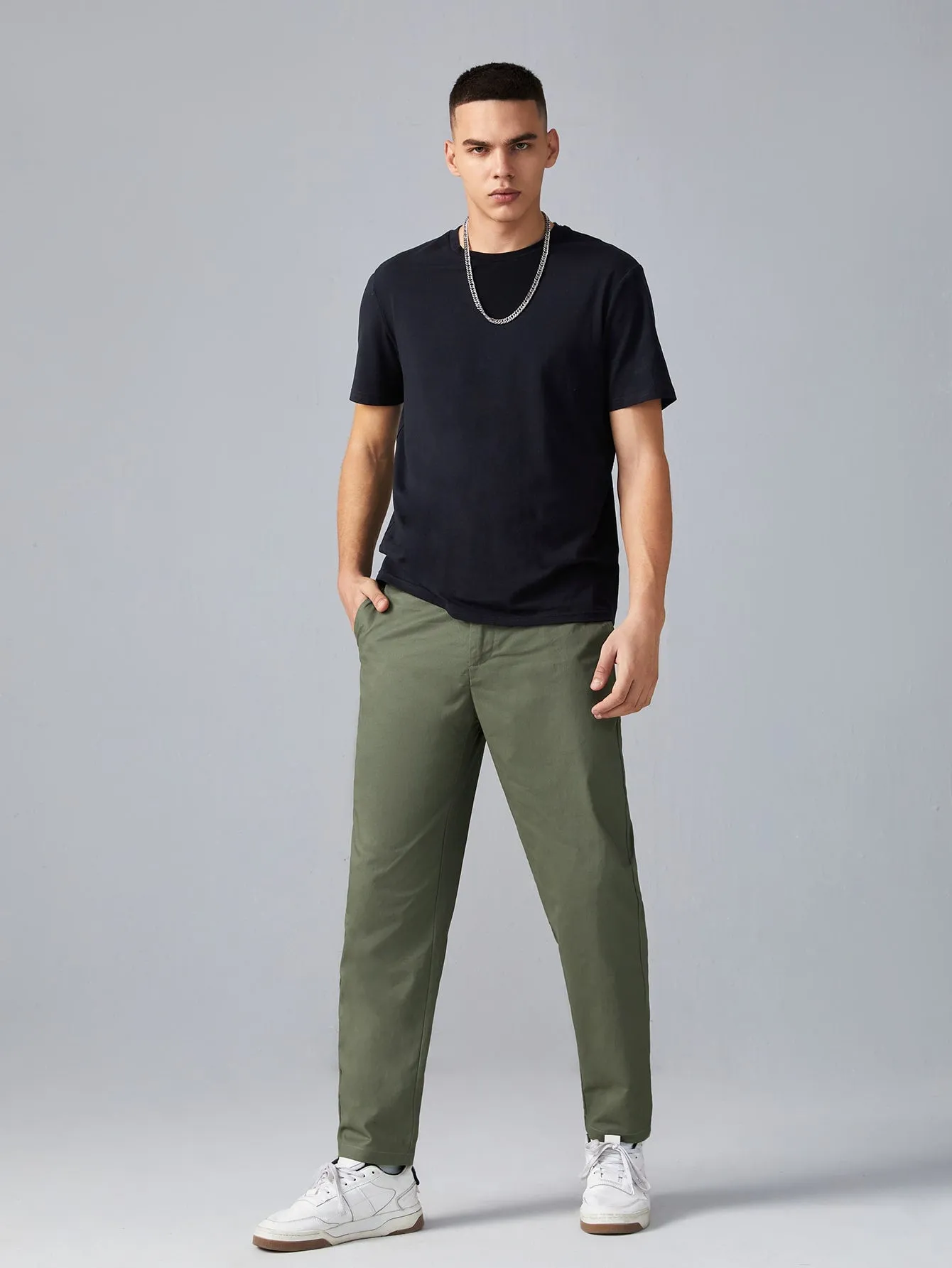 Army Green Zipper Fly Solid Suit Trousers