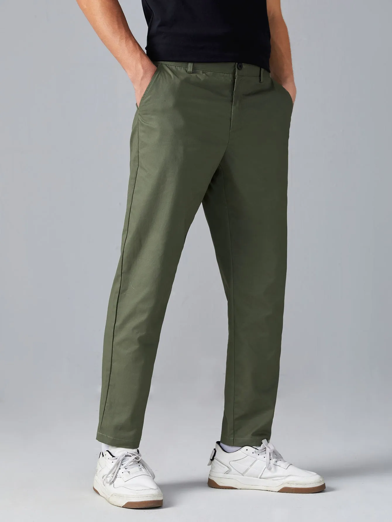 Army Green Zipper Fly Solid Suit Trousers
