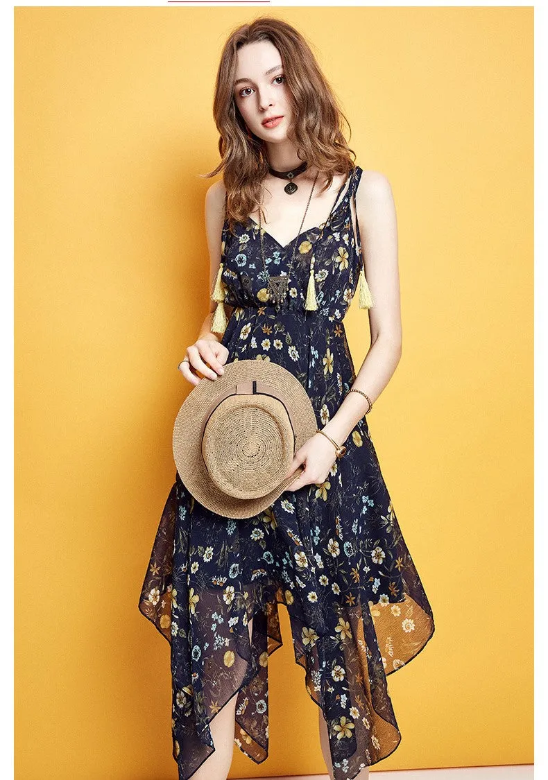 ARTKA FLORAL PRINT ASYMETRIC RUFFLE HEM CHIFFON DRESS