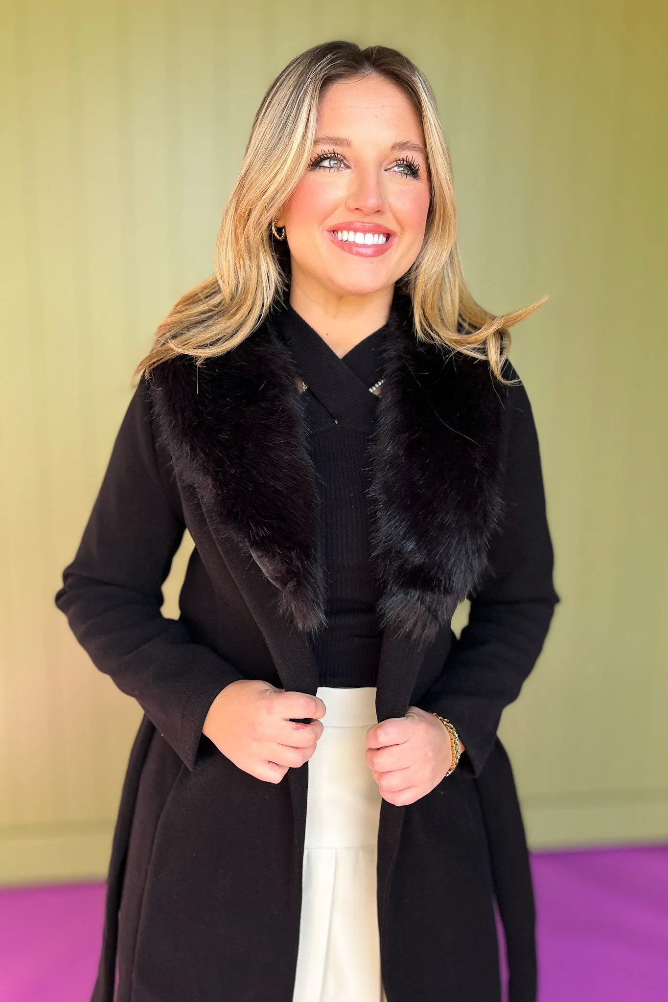 Black Faux Fur Collar Belted Coat *FINAL SALE*
