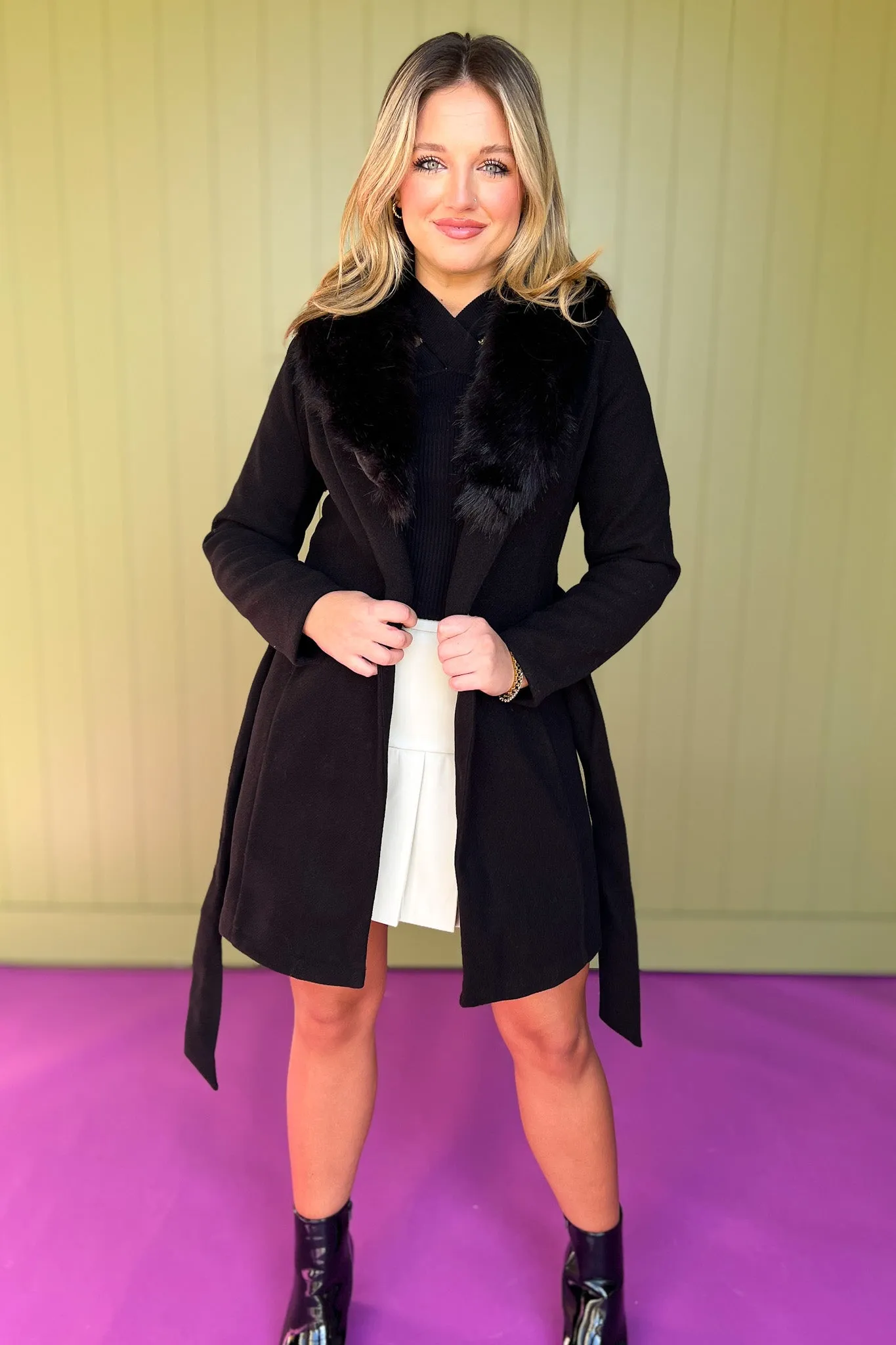 Black Faux Fur Collar Belted Coat *FINAL SALE*