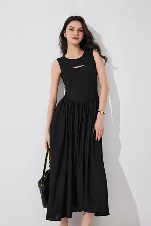 Black Sleeveless Knit-Woven Combo Tank Dress