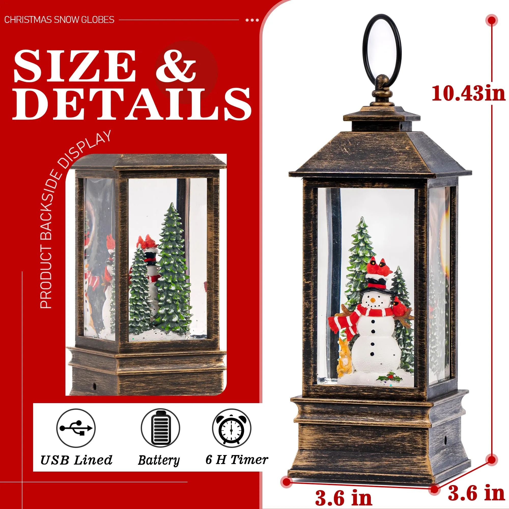 Christmas Snow Globe Lantern Indoor Decor, Cardinal Snowman Christmas Tree with Music,6H Timer,USB Lined/Battery Operated Lighted Lantern for Christmas Festival Decoration Gifts