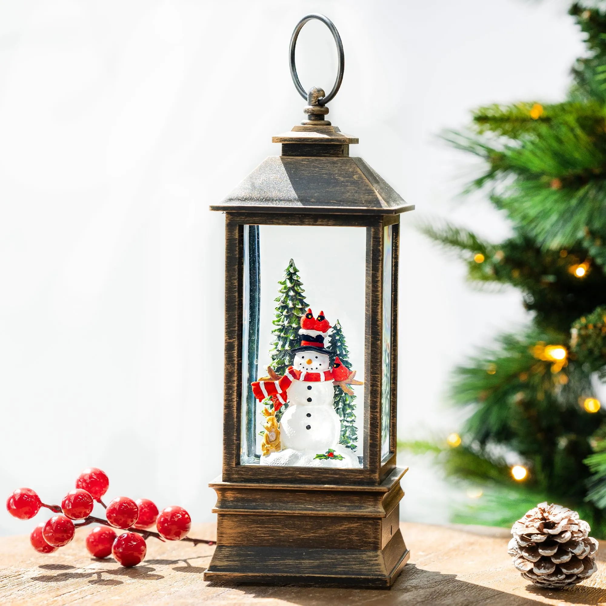 Christmas Snow Globe Lantern Indoor Decor, Cardinal Snowman Christmas Tree with Music,6H Timer,USB Lined/Battery Operated Lighted Lantern for Christmas Festival Decoration Gifts