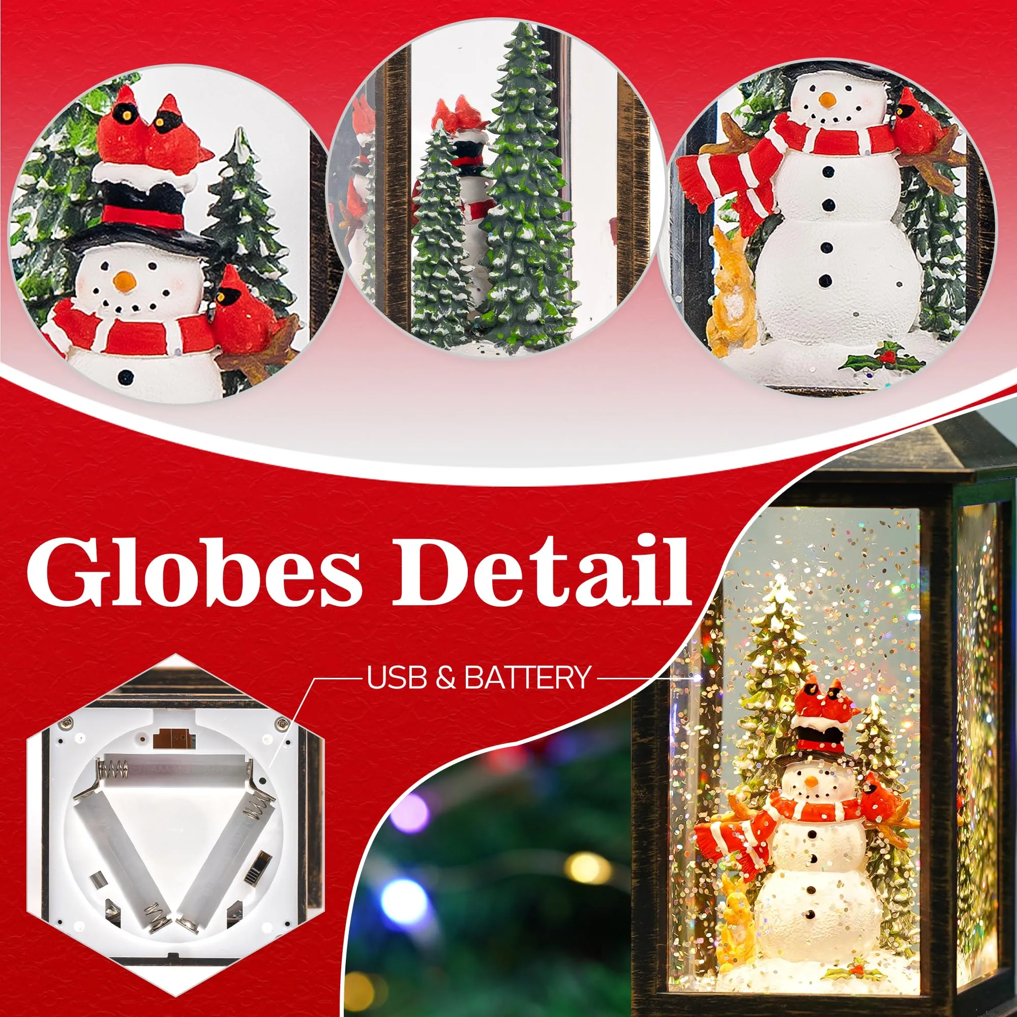 Christmas Snow Globe Lantern Indoor Decor, Cardinal Snowman Christmas Tree with Music,6H Timer,USB Lined/Battery Operated Lighted Lantern for Christmas Festival Decoration Gifts