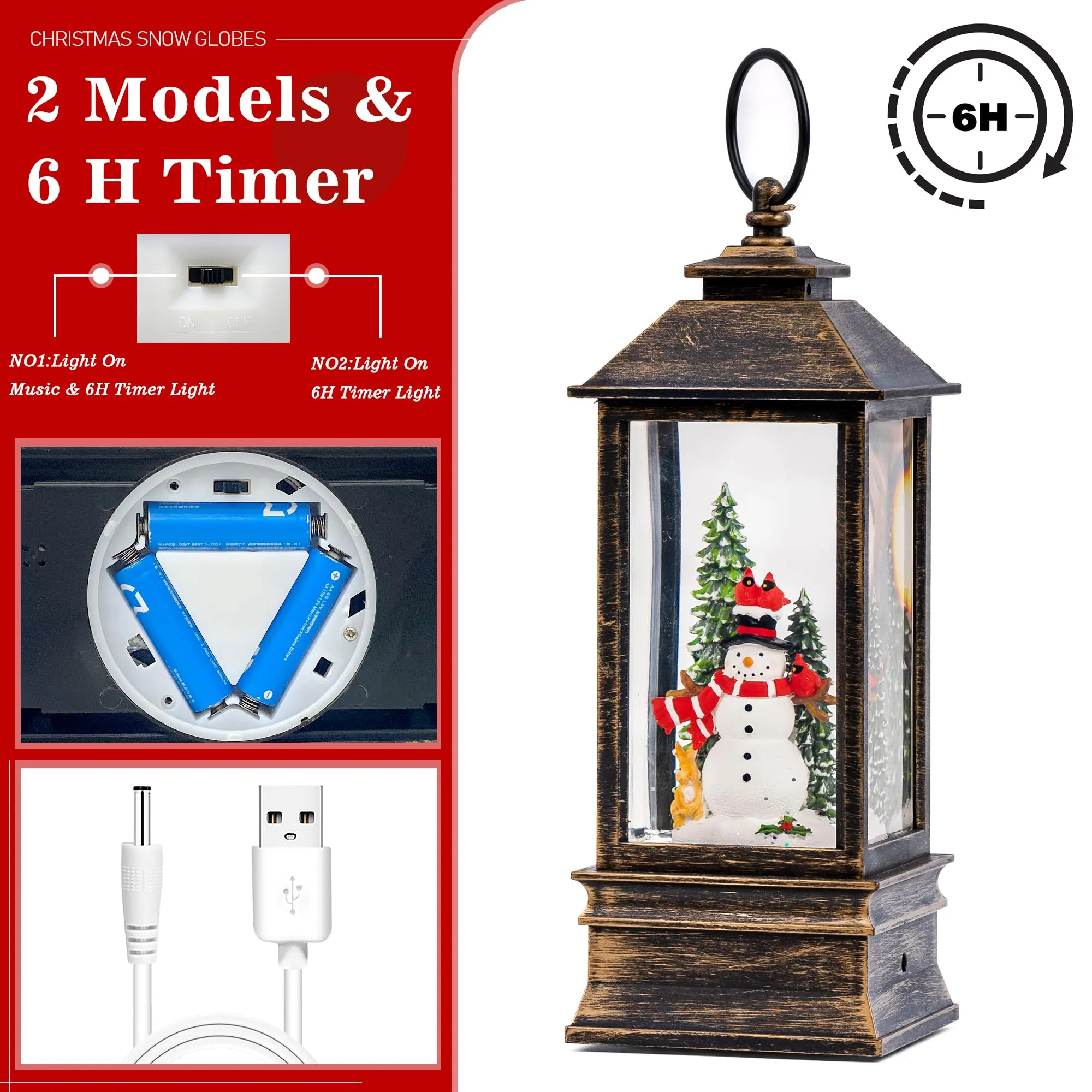 Christmas Snow Globe Lantern Indoor Decor, Cardinal Snowman Christmas Tree with Music,6H Timer,USB Lined/Battery Operated Lighted Lantern for Christmas Festival Decoration Gifts