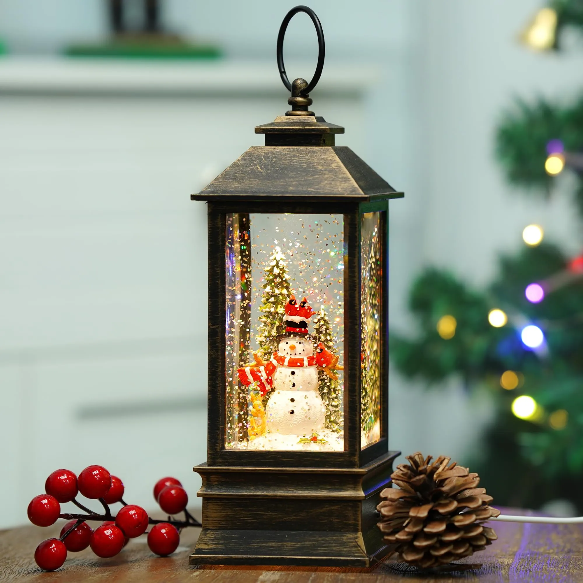 Christmas Snow Globe Lantern Indoor Decor, Cardinal Snowman Christmas Tree with Music,6H Timer,USB Lined/Battery Operated Lighted Lantern for Christmas Festival Decoration Gifts