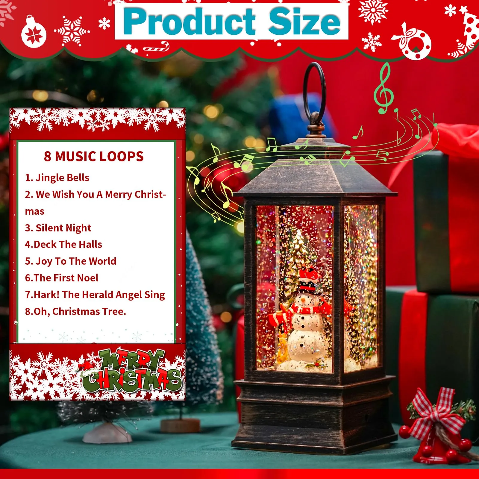 Christmas Snow Globe Lantern Indoor Decor, Cardinal Snowman Christmas Tree with Music,6H Timer,USB Lined/Battery Operated Lighted Lantern for Christmas Festival Decoration Gifts