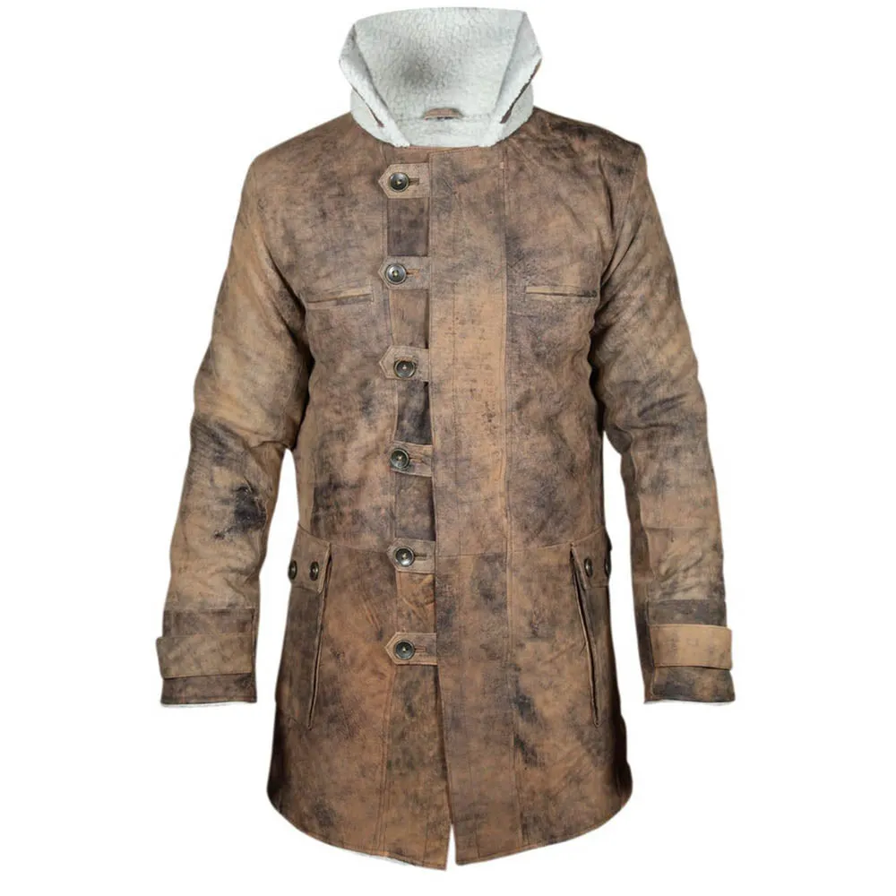 Distressed Brown Coat Winter Fur Shearling Long Jacket Mens