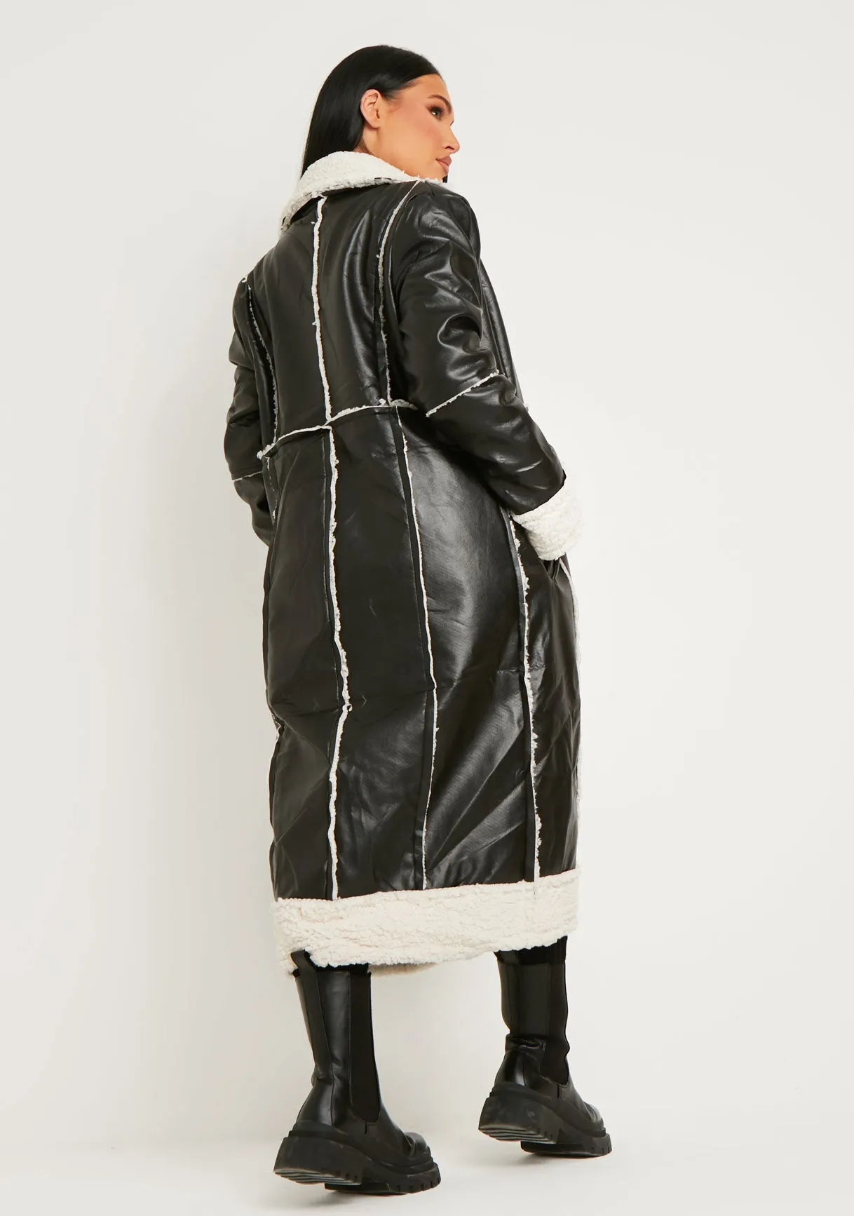 Dominique Black Long PU Aviator Coat
