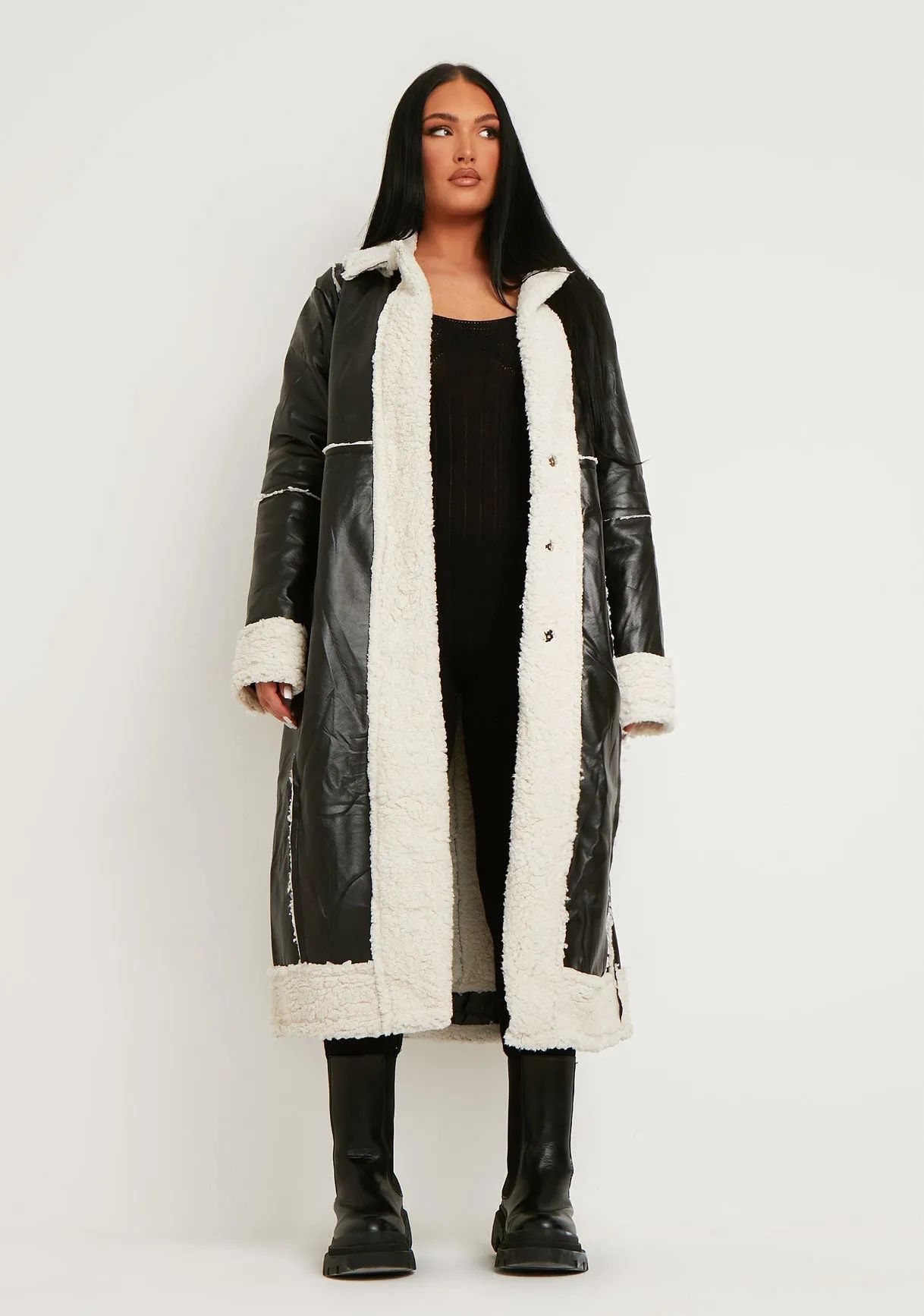 Dominique Black Long PU Aviator Coat