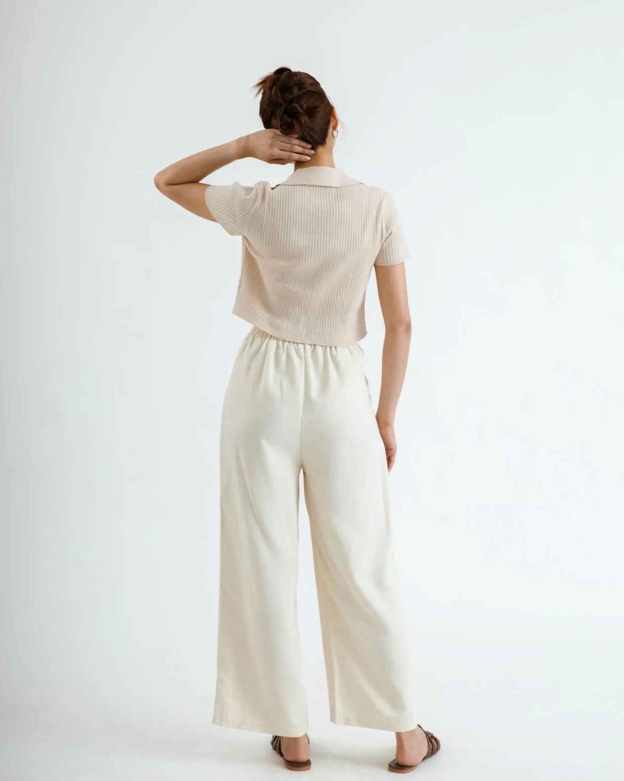 Elastic Waist Pleated Straight Cut Trousers (Bone)