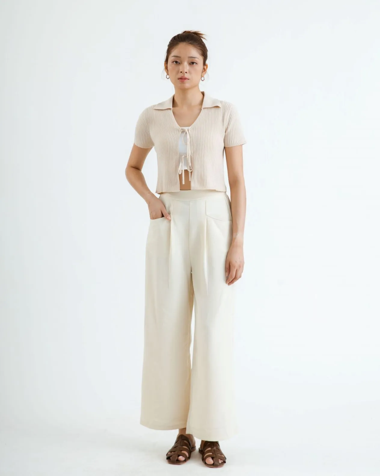Elastic Waist Pleated Straight Cut Trousers (Bone)