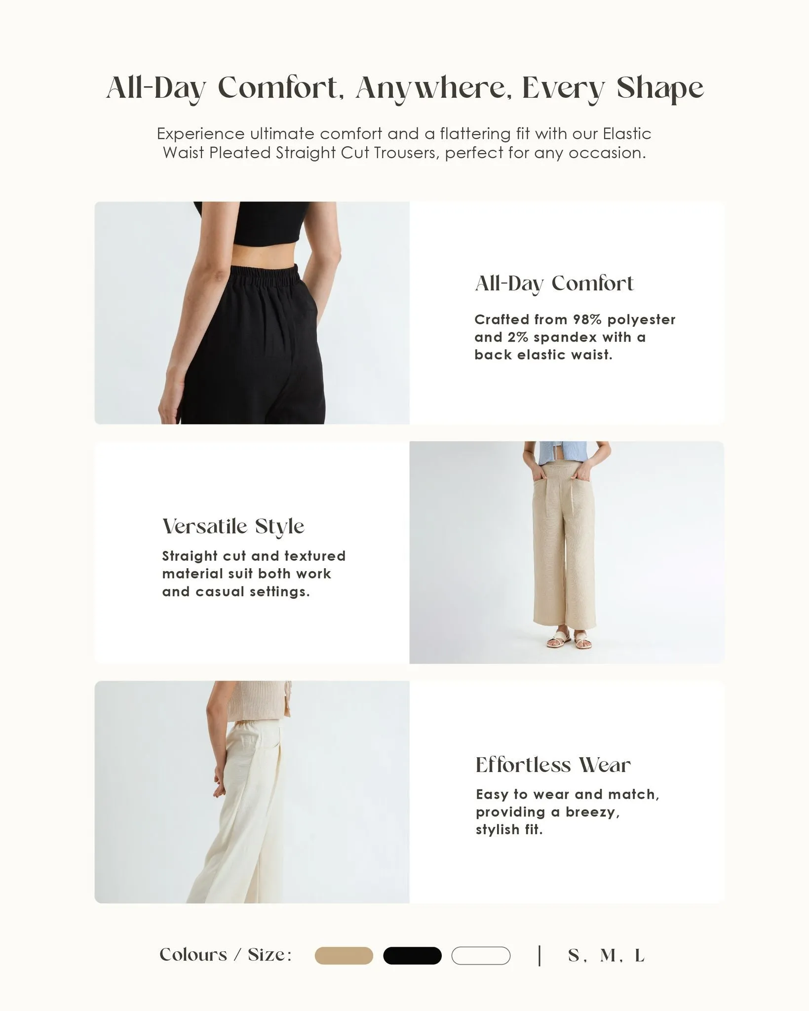 Elastic Waist Pleated Straight Cut Trousers (Bone)