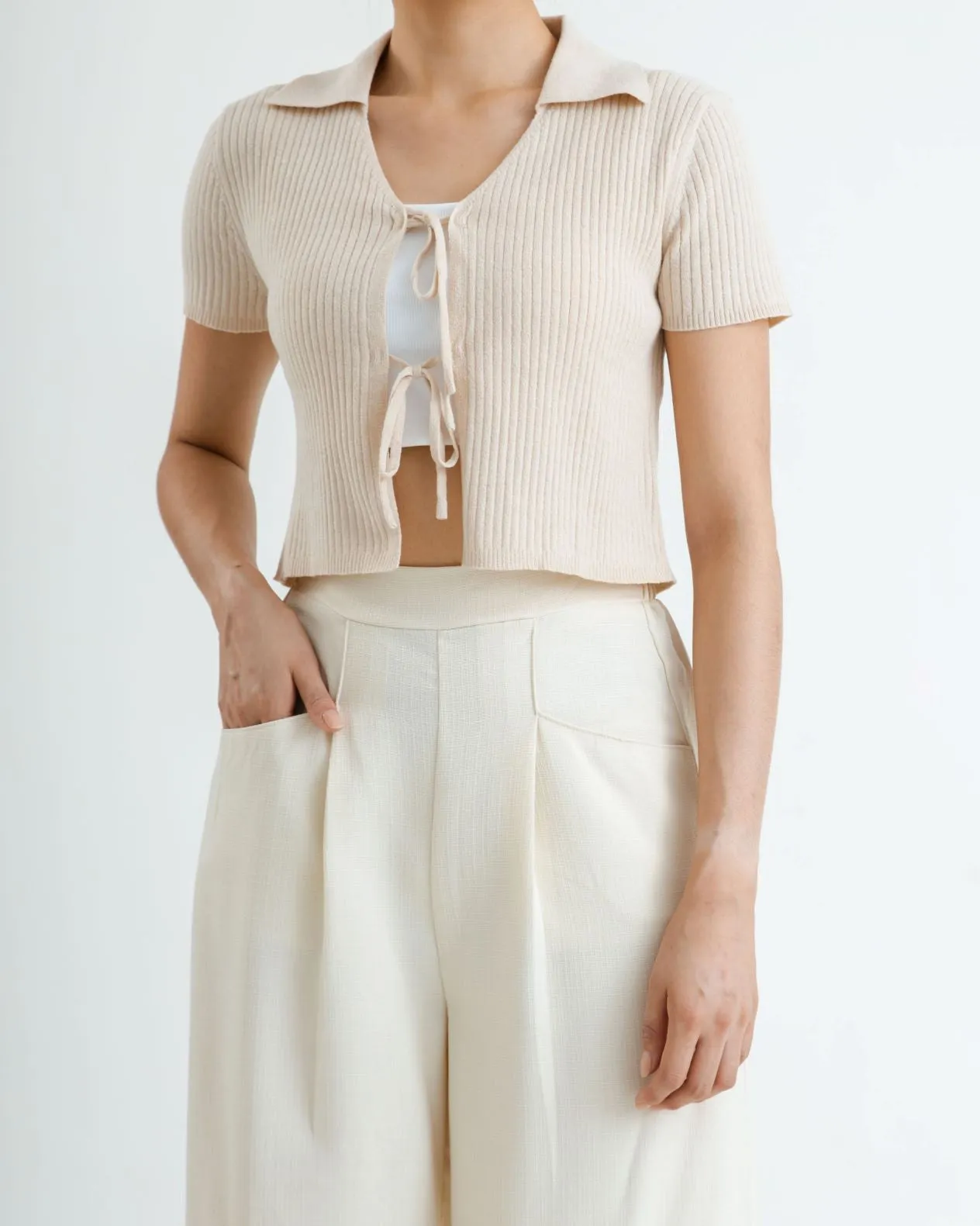 Elastic Waist Pleated Straight Cut Trousers (Bone)