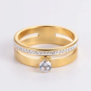 Fashion Stainless Steel Hollow Double Layer Rhinestone Ring