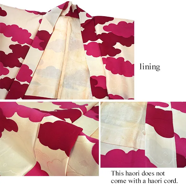 Gender-Neutral Vintage Haori Jacket ,Pink cloud-tree pattern on cream ground.