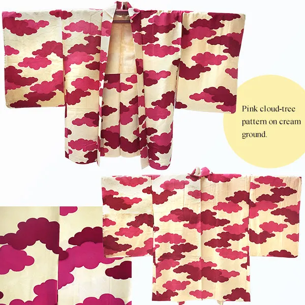 Gender-Neutral Vintage Haori Jacket ,Pink cloud-tree pattern on cream ground.