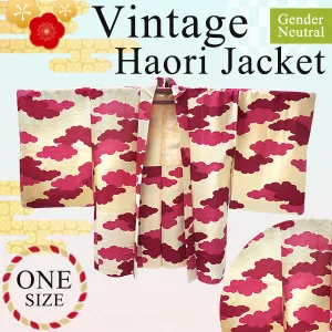 Gender-Neutral Vintage Haori Jacket ,Pink cloud-tree pattern on cream ground.