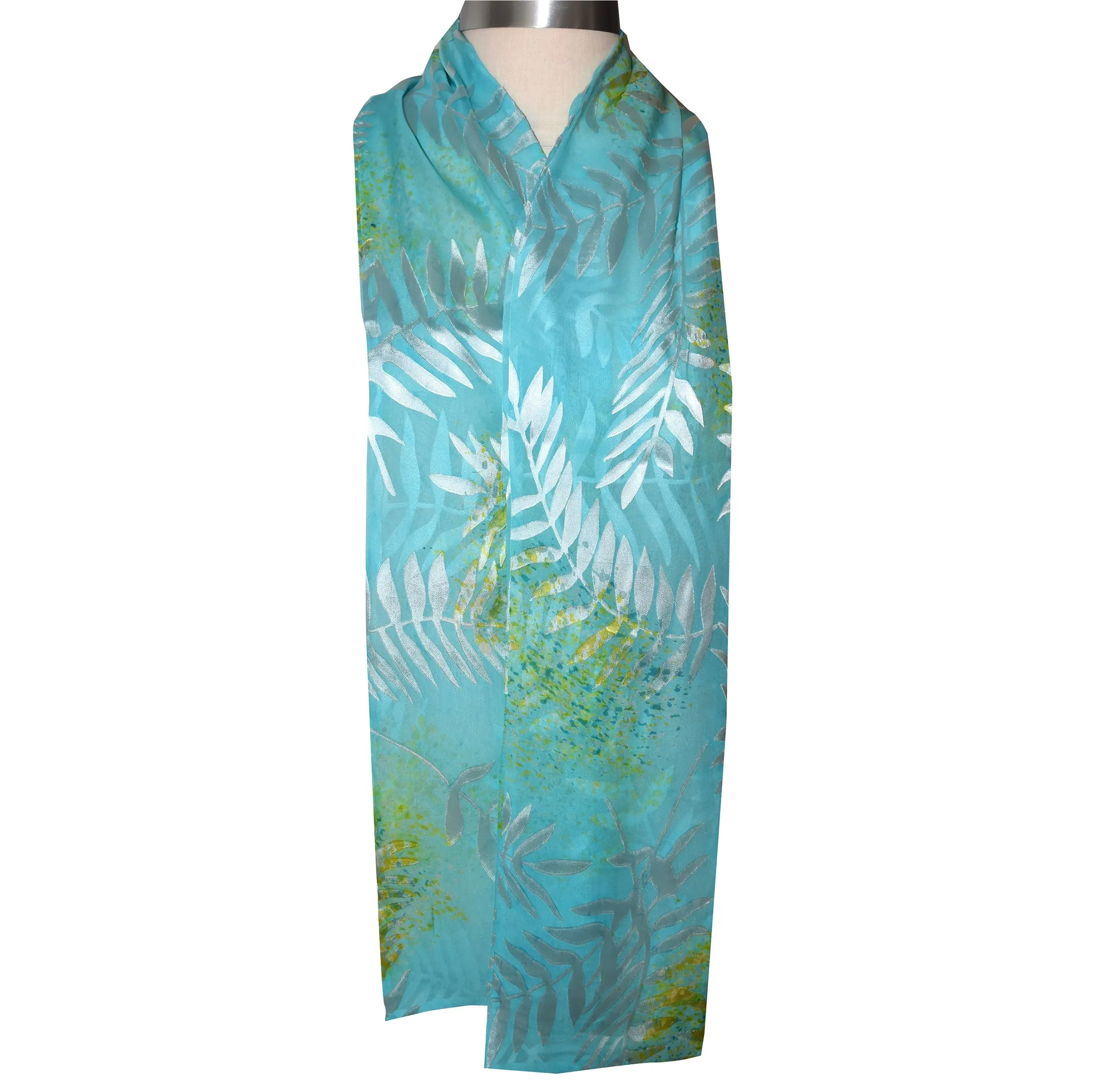 Gorgeous Fern Blue Green Devore Silk Chiffon Scarf