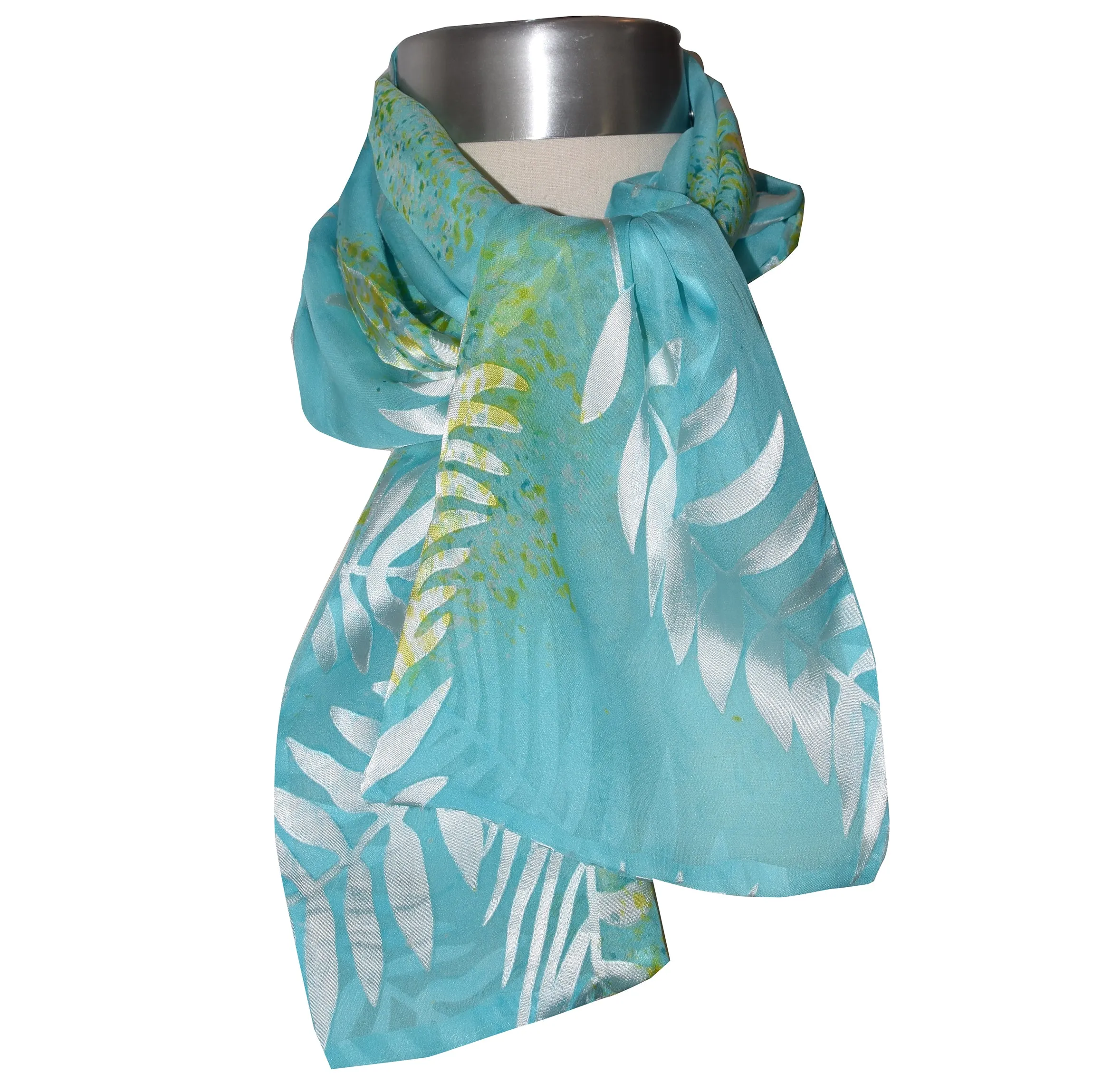 Gorgeous Fern Blue Green Devore Silk Chiffon Scarf