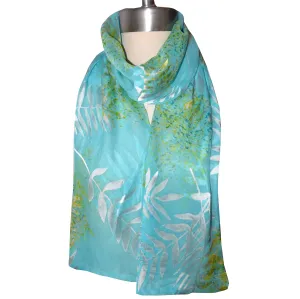 Gorgeous Fern Blue Green Devore Silk Chiffon Scarf