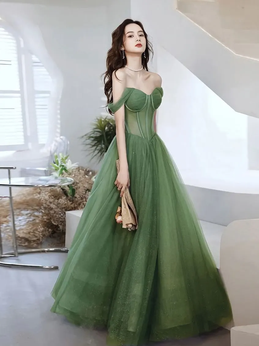Green Sweetheart Neck Tulle Long Prom Dress, Green Evening Dress