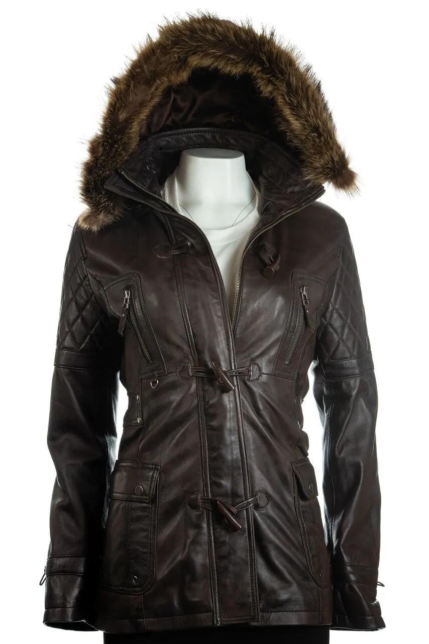 Ladies Brown Fitted Leather Parka Coat With Fur Trimmed Detachable Hood: Marina