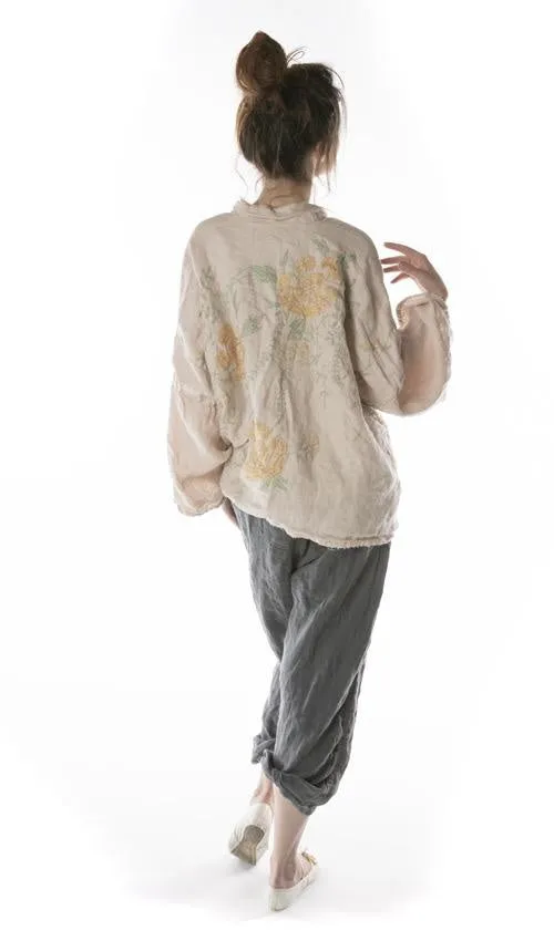 Magnolia Pearl Cotton Twill Linen Clodia Hand Embroidered Floral Kimono, Lilac Water, One Size