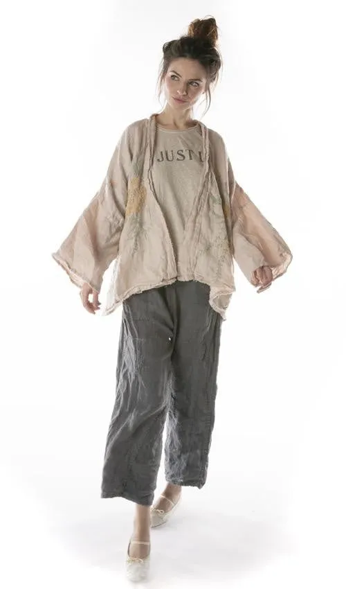Magnolia Pearl Cotton Twill Linen Clodia Hand Embroidered Floral Kimono, Lilac Water, One Size
