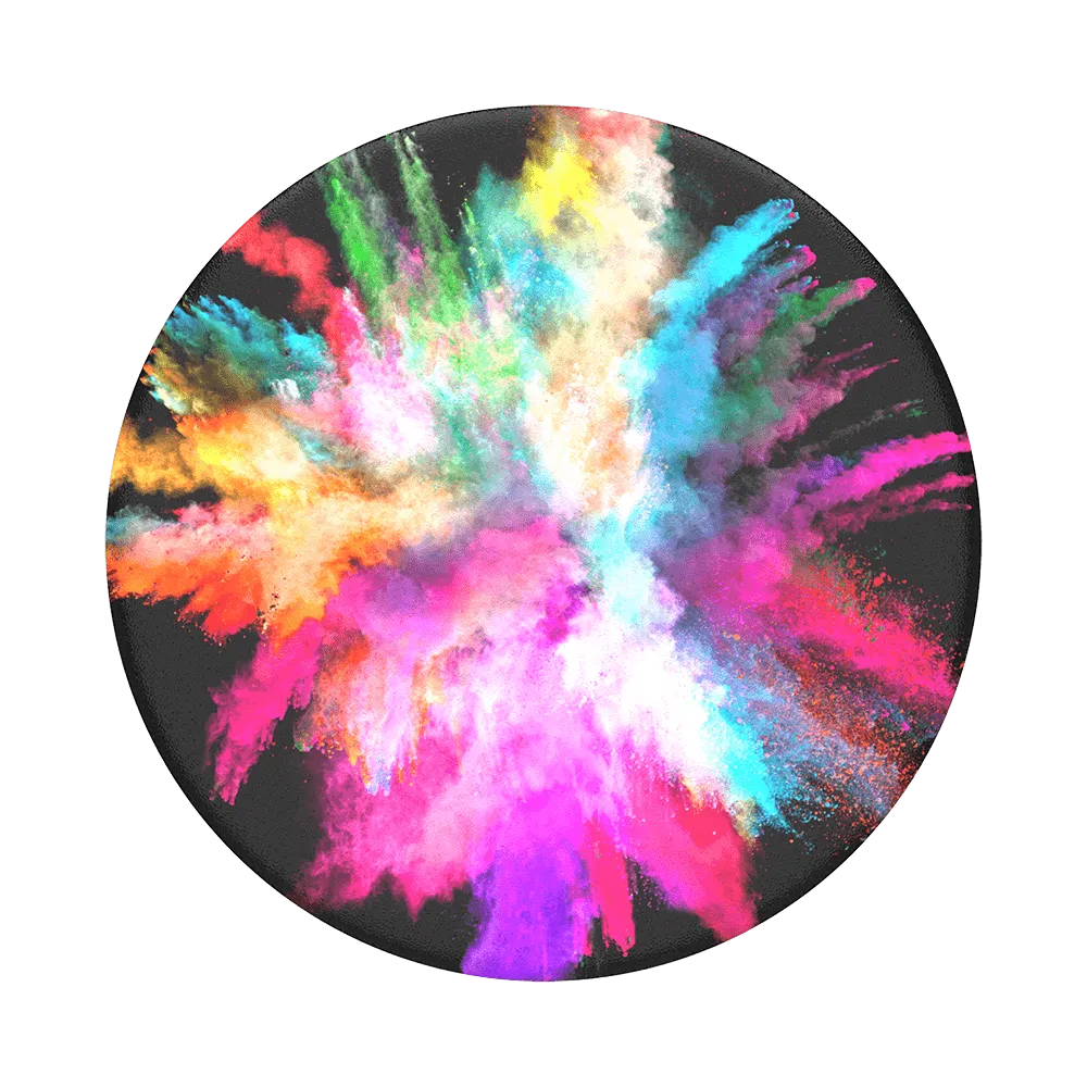 Mobile accessory expanding hand-grip and stand Popsocket in bursting streams of colour on black