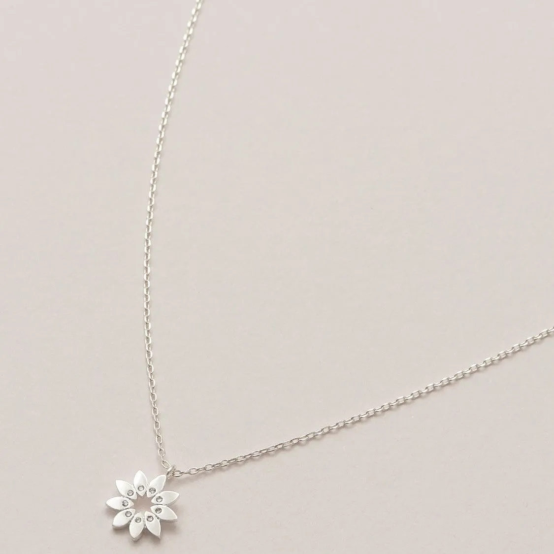 Necklace Flower Charm with Cubic Zirconia Silver Plated