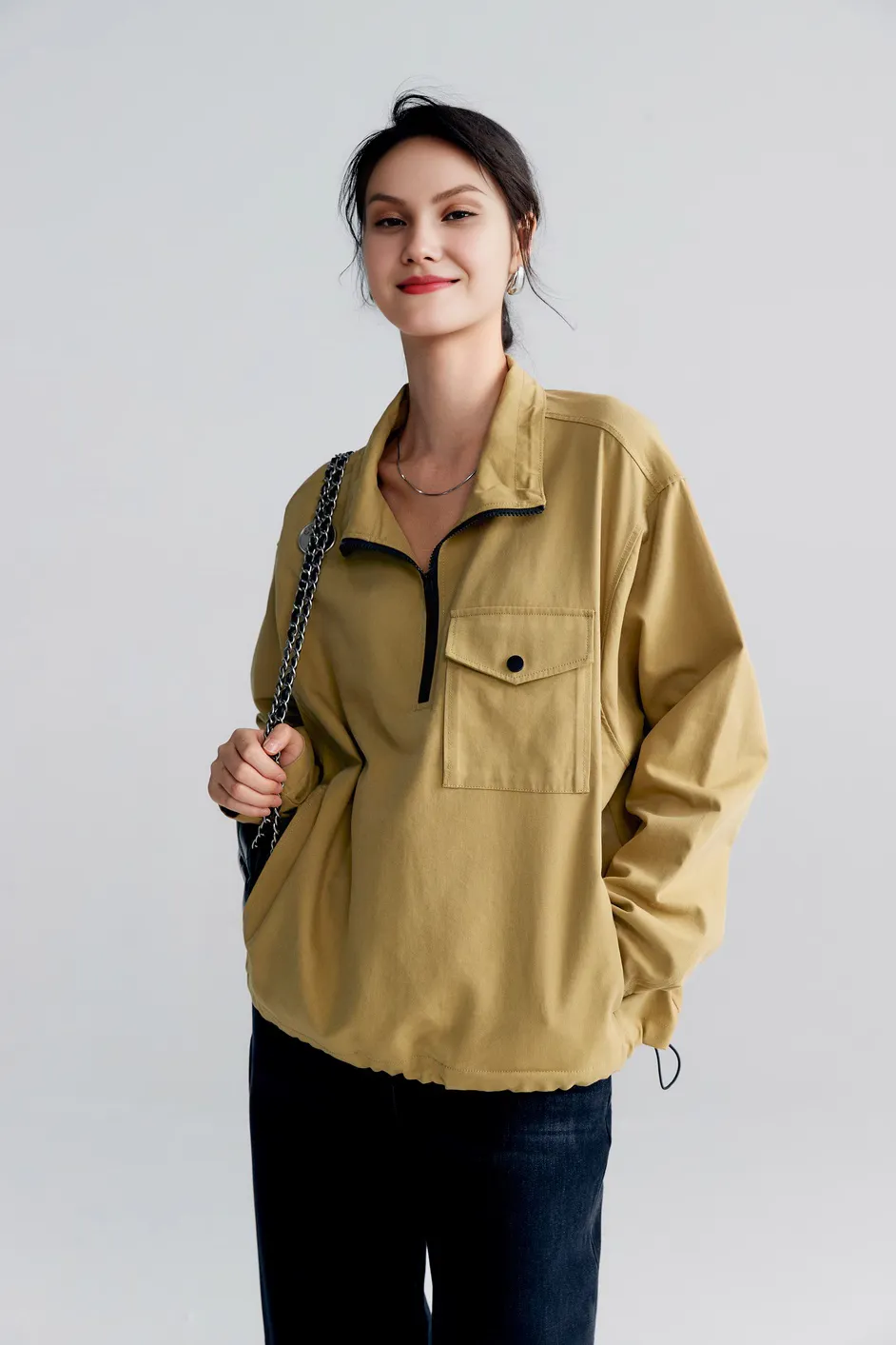 Oversized Half Zipper Utility Pullover Jacket