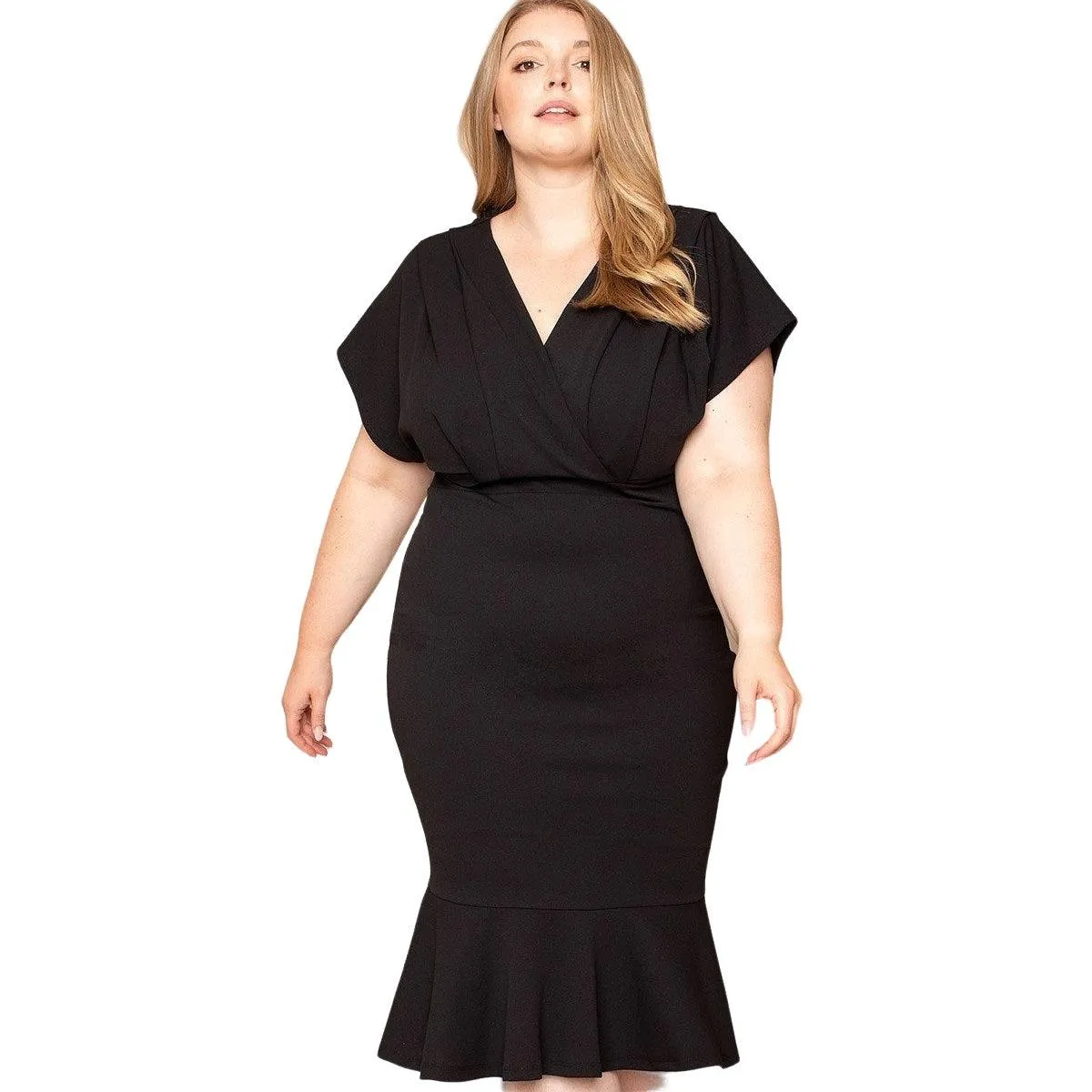 Plus size pleated dropped shoulder midi dress