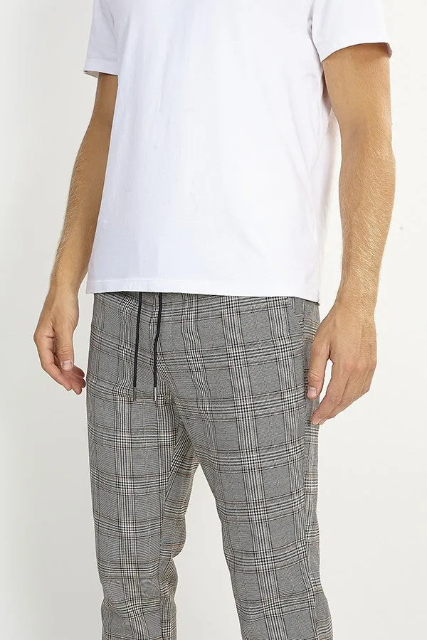 PRINCE OF WALES CHECK PRINT DRAWSTRING WAIST PANTS