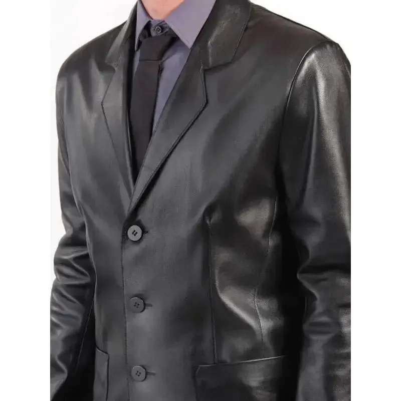 Three-Button Blazer Style Black Leather Coat for Men