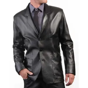 Three-Button Blazer Style Black Leather Coat for Men