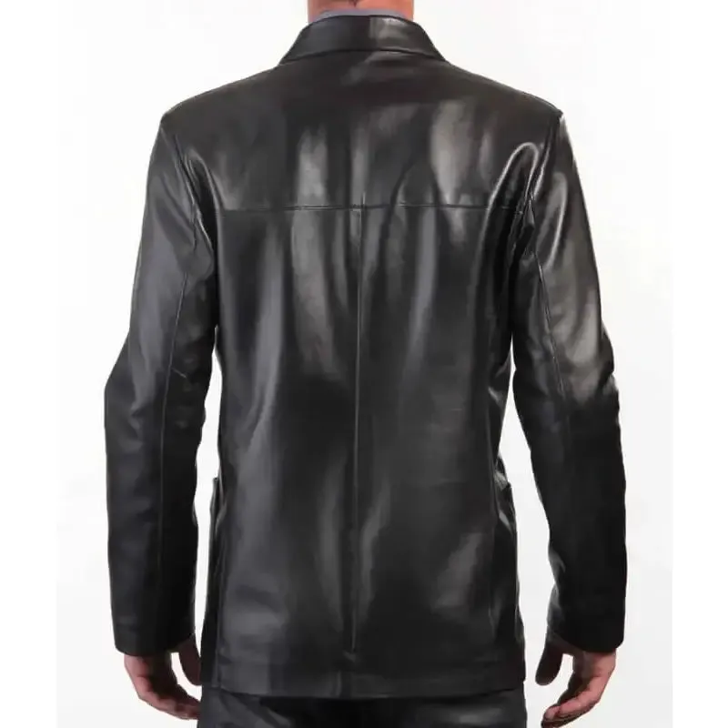 Three-Button Blazer Style Black Leather Coat for Men