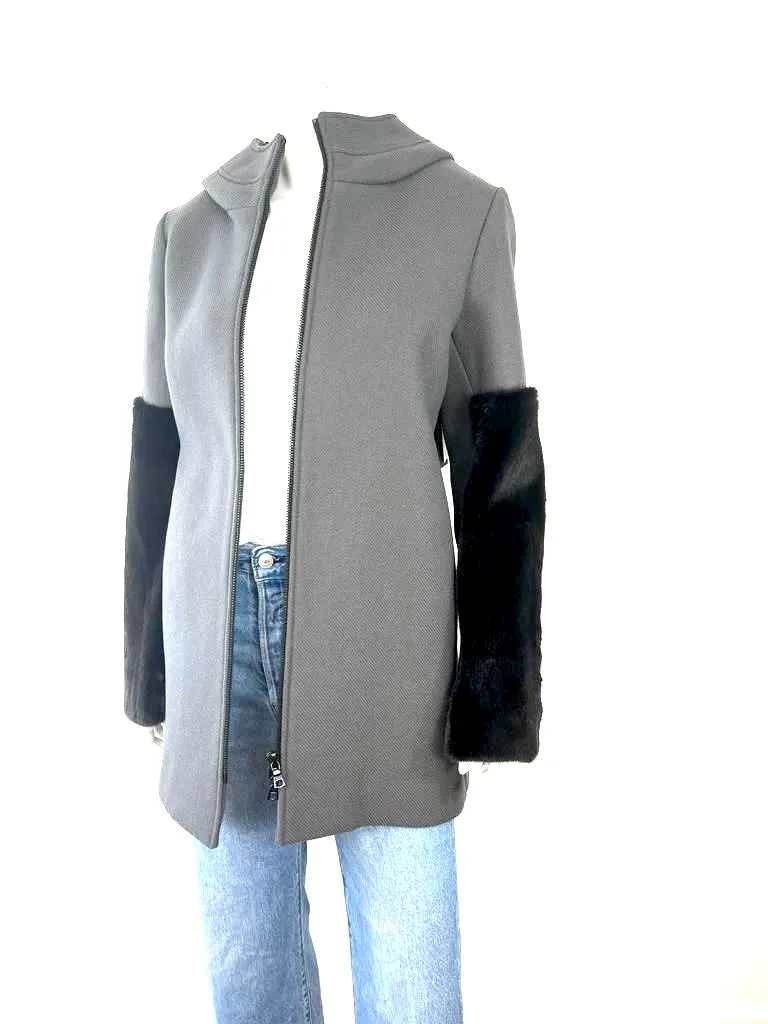 VERA WANG COLLECTION GRAY AND BLACK MINK FUR CONTRAST  SLEEVES COAT