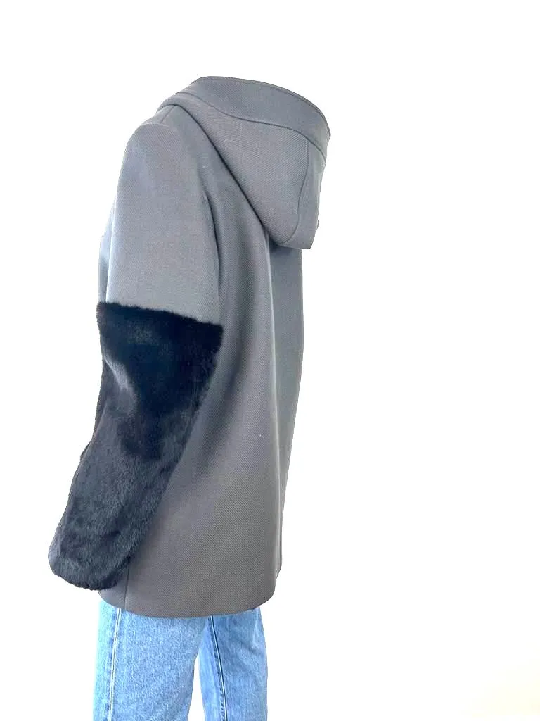 VERA WANG COLLECTION GRAY AND BLACK MINK FUR CONTRAST  SLEEVES COAT