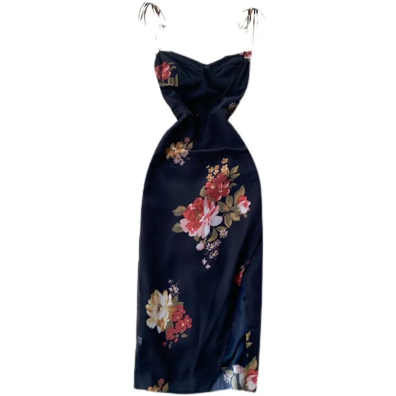 Vintage Floral Printed Black Chiffon Dress