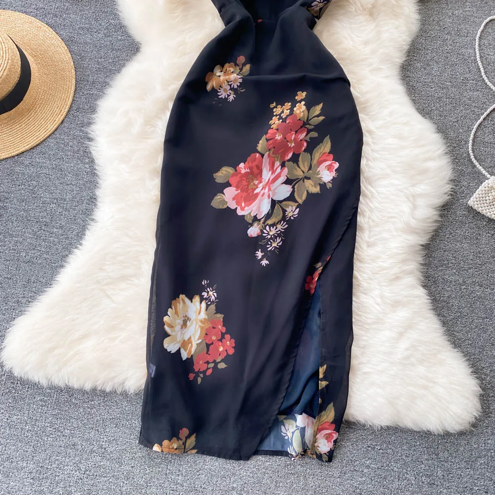 Vintage Floral Printed Black Chiffon Dress