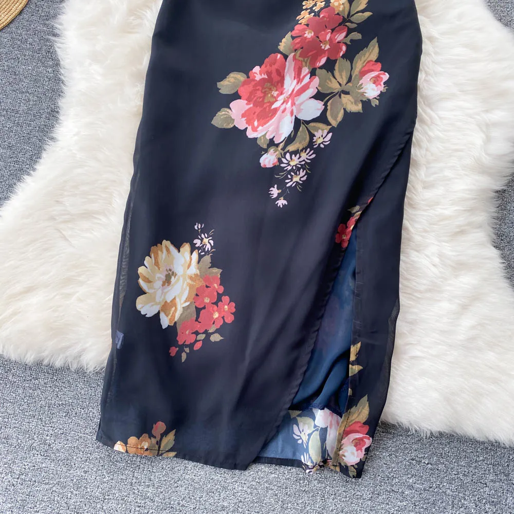 Vintage Floral Printed Black Chiffon Dress