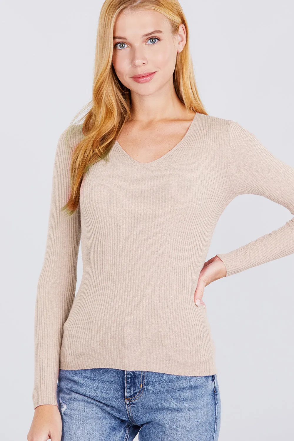 Women's Long Sleeve V-Neck Fitted Viscose Ribbed Cardigan Sweater