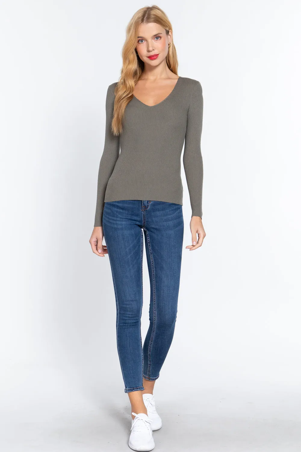 Women's Long Sleeve V-Neck Fitted Viscose Ribbed Cardigan Sweater