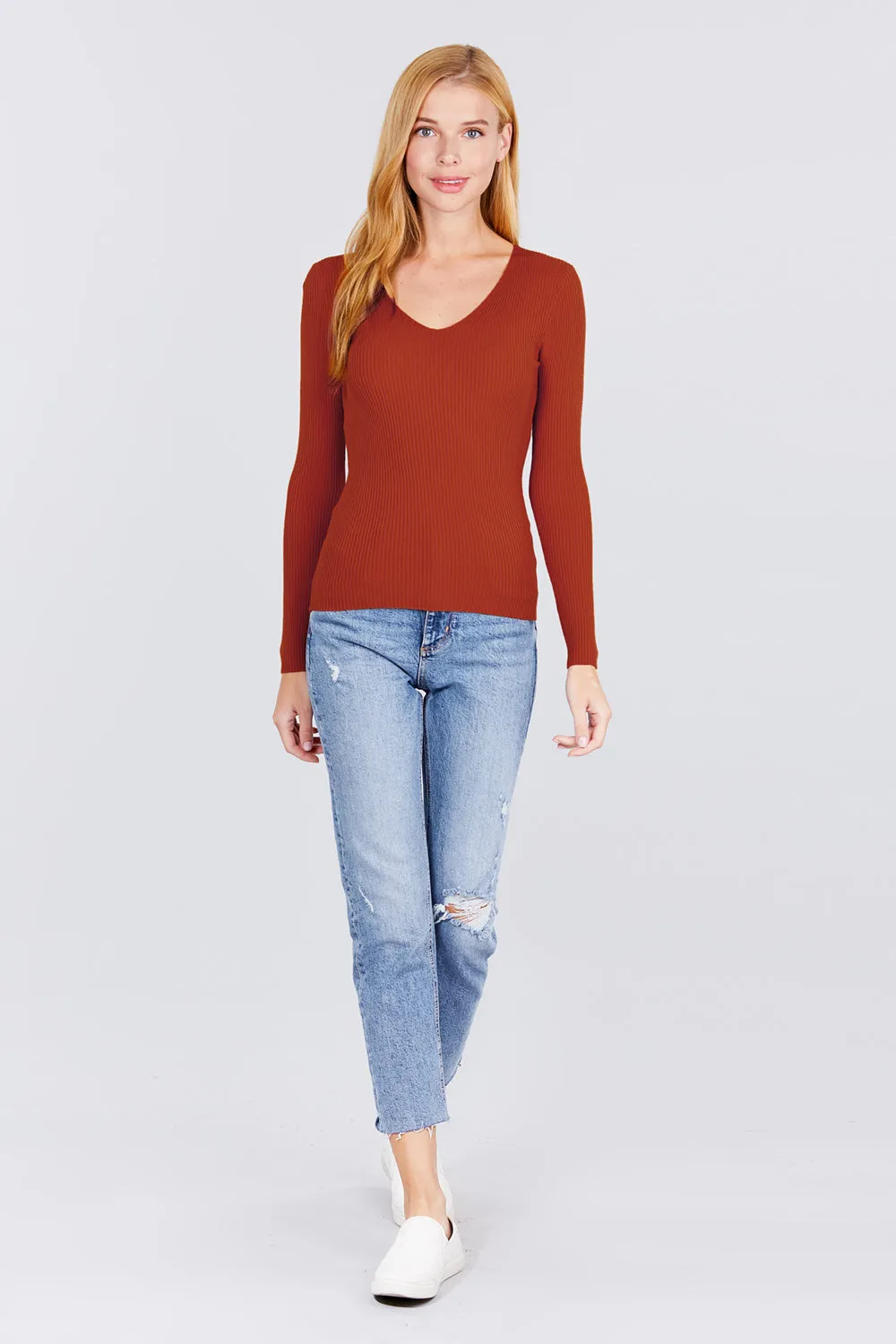 Women's Long Sleeve V-Neck Fitted Viscose Ribbed Cardigan Sweater