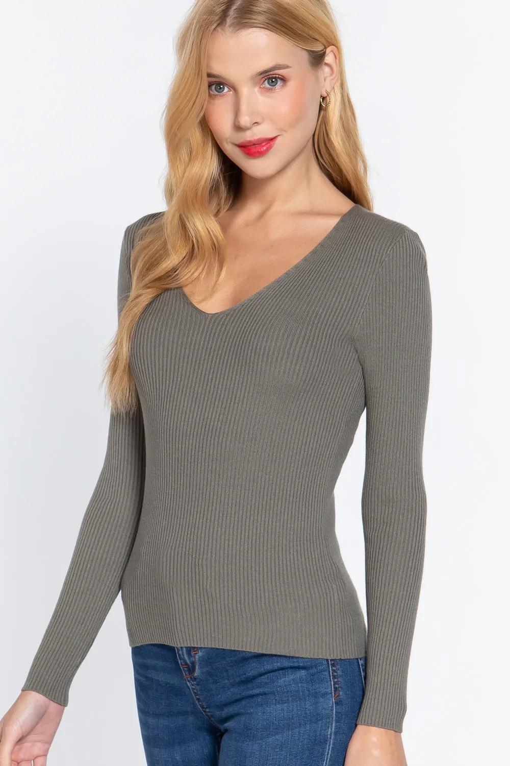 Women's Long Sleeve V-Neck Fitted Viscose Ribbed Cardigan Sweater