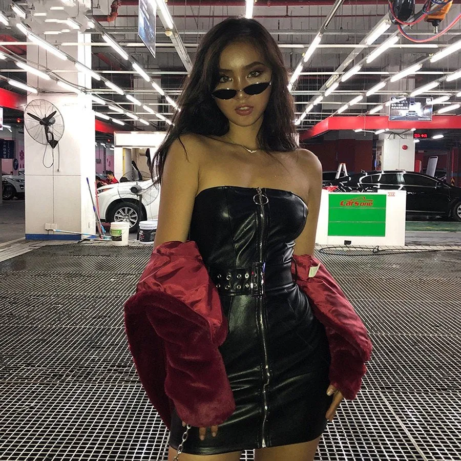 Women's Spring PU Leather Zipper Sleeveless Dress